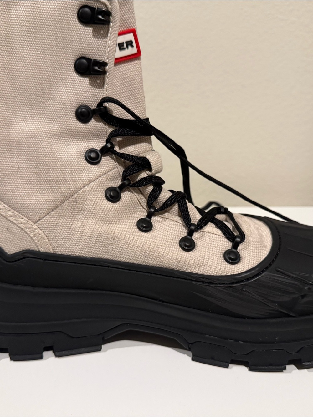 Hunter Cream Canvas and Black Rubber Lace-Up Boots - Picture 2 of 7